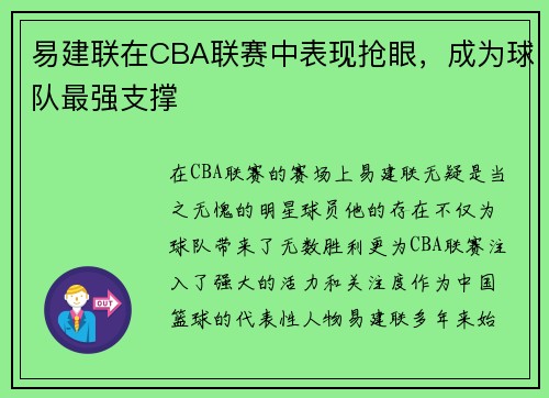 易建联在CBA联赛中表现抢眼，成为球队最强支撑