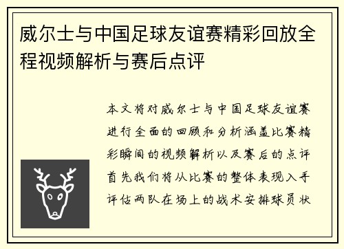 威尔士与中国足球友谊赛精彩回放全程视频解析与赛后点评