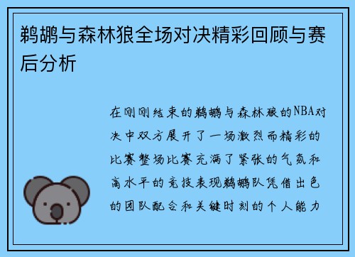 鹈鹕与森林狼全场对决精彩回顾与赛后分析