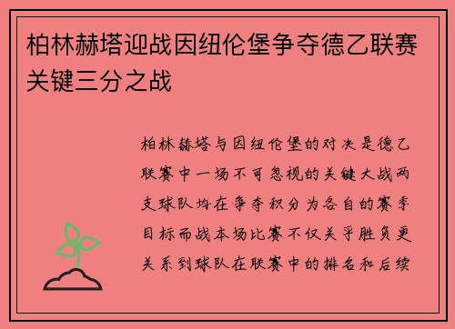 柏林赫塔迎战因纽伦堡争夺德乙联赛关键三分之战