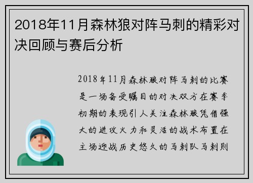2018年11月森林狼对阵马刺的精彩对决回顾与赛后分析