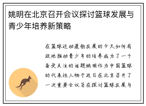 姚明在北京召开会议探讨篮球发展与青少年培养新策略